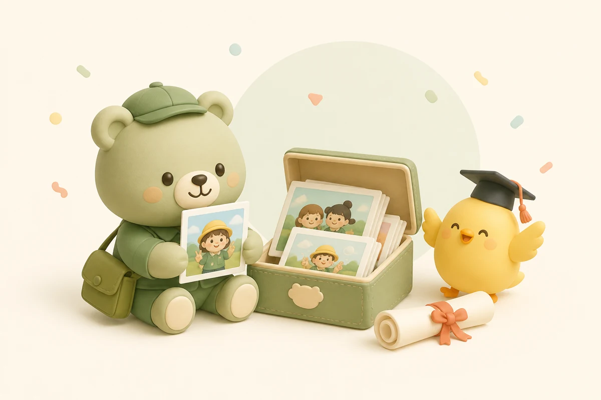 곰 캐릭터가 아이 사진이 담긴 상자를 들고 있는 일러스트